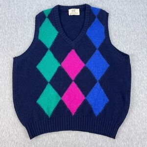 Vintage Lord Jeff Argyle Sweater Vest Mens L Blue Multi V-Neck Shetland Wool 70s